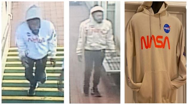 Two images show a man wanted in recent sex assaults near SEPTA trolleys. A third photo shows the type of NASA hoodie worn during the attacks.