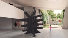 Rendering shows a girl admiring a large sculpture in an indoor area. Behind her is a large opening to gardens.