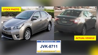 The front and back of a gray sedan are shown side by side. Below, a license plate reads JVK-8711