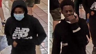 Left: Someone in a hoodie and face mask. Right: someone in a hoodie with the hood down.