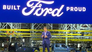 Ford CEO Jim Farley at the company’s Dearborn, Michigan, plant where it’s building the electric F-150 Lightning on April 26, 2022.