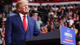 Former U.S. president Donald Trump speaks in support of candidates Doug Mastriano and Mehmet Oz during a rally in Wilkes-Barre, Pennsylvania, September 3, 2022.