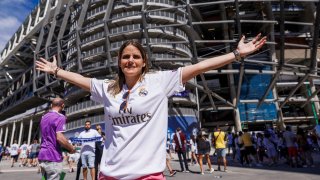 Maria Garcia-Mella Cid poses outside the Santiago Bernabeu stadium prior a Spanish La Liga soccer match between Real Madrid and Betis in Madrid, Spain, Sept. 3, 2022.