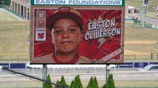 Mountain Region Champion Little League team member Easton Oliverson is displayed on the scoreboard at Volunteer Stadium during the opening ceremony of the 2022 Little League World Series baseball tournament in South Williamsport, Pa., Aug 17, 2022.