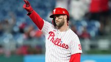 PHILADELPHIA, PA - SEPTEMBER 06: Bryce Harper #3 of the Philadelphia Phillies reacts against the Miami Marlins at Citizens Bank Park on September 6, 2022 in Philadelphia, Pennsylvania. The Phillies defeated the Marlins 3-2. (Photo by Mitchell Leff/Getty Images)