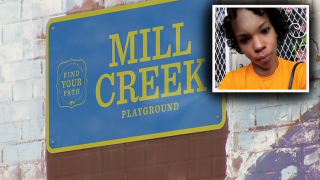 A photo of Tiffany Fletcher on the upper right is superimposed over a photo of the Mill Creek Playground sign.