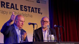 Panelists Craig Carnaroli (left) of the University of Pennsylvania and Aleister Saunders of Drexel University at the “From Research to Real Estate” event at City Winery.