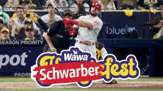 Kyle Schwarber hits a home run. A "SchwarberFest" logo is superimposed on him.