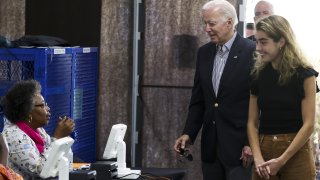 President Joe Biden arrives to cast his vote during early voting for the 2022 U.S. midterm elections with his granddaughter Natalie Biden, a first-time voter, at a polling station in Wilmington, Del., Saturday, Oct. 29, 2022.