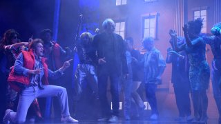 Original “Doc Brown” Christopher Lloyd poses onstage at the West End production of “Back To The Future: The Musical” at The Adelphi Theatre on July 13, 2022 in London, England.