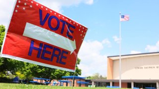 A vote sign is seen at Lower Dauphin High School on May 17, 2022 in Hummelstown, Pennsylvania.