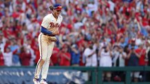 PHILADELPHIA, PENNSYLVANIA - OCTOBER 15: Alec Bohm #28 of the Philadelphia Phillies celebrates after defeating the Atlanta Braves in game four of the National League Division Series at Citizens Bank Park on October 15, 2022 in Philadelphia, Pennsylvania. (Photo by Patrick Smith/Getty Images)