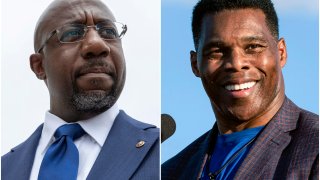 This combination of photos shows, Sen. Raphael Warnock, D-Ga., speaking to reporters on Capitol Hill in Washington, Aug. 3, 2021, left, and Republican Senate candidate Herschel Walker speaking in Perry, Ga., Sept. 25, 2021.