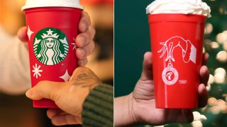 Starbucks official reusable red cup, left, and red cup from Starbucks Workers United.