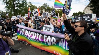 FILE – In this Oct. 8, 2019, photo, supporters of LGBTQ rights stage a protest on the street in front of the U.S. Supreme Court in Washington.