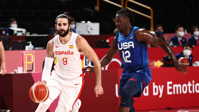 Jrue Holiday #12 of the USA Men’s National Team plays defense on Ricky Rubio #9 of the Spain Men’s National Team during the 2020 Tokyo Olympics on August 3, 2021 at the Super Saitama Arena in Tokyo, Japan.