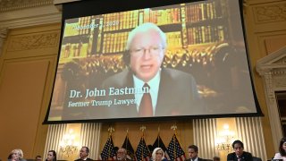 Former lawyer of former President Donald Trump, John Eastman, appears on screen during the fourth hearing by the House Select Committee to Investigate the January 6th Attack on the US Capitol in the Cannon House Office Building on June 21, 2022 in Washington, DC.