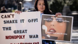 Amy Edwards demonstrates against the live entertainment ticket industry outside the U.S. Capitol January 24, 2023 in Washington, DC.