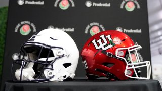 Penn State, UTah college football helmets in front of Rose Bowl logos