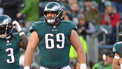 Dec 4, 2022; Philadelphia, Pennsylvania, USA; Philadelphia Eagles center Landon Dickerson (69) against the Tennessee Titans at Lincoln Financial Field. Mandatory Credit: Eric Hartline-USA TODAY Sports