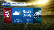 Graphic show Eagles and 49ers logos and weather forecast