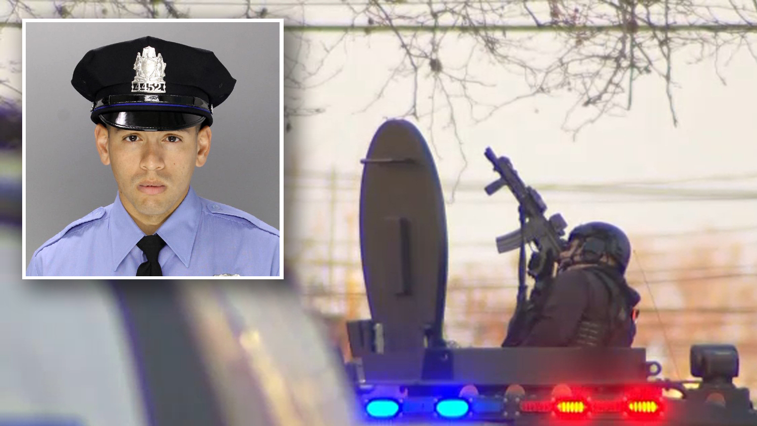 Philadelphia Police Officer Giovanni Maysonet is seen inset over a SWAT officer with a gun