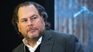 Marc Benioff, cofounder and CEO of Salesforce, attends a session at the Congress centre during the World Economic Forum in Davos, Switzerland, on January 17, 2023.
