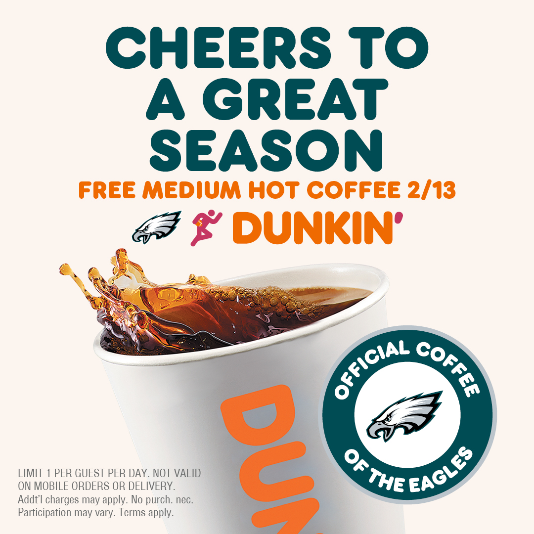 Free coffee graphic from Dunkin' with coffee cup and Eagles logo