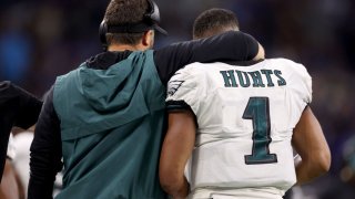 DETROIT, MICHIGAN – SEPTEMBER 11: Head coach Nick Sirianni and Jalen Hurts #1 of the Philadelphia Eagles on the sidelines during the second quarter in the game against the Detroit Lions at Ford Field on September 11, 2022 in Detroit, Michigan. (Photo by Gregory Shamus/Getty Images)