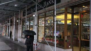 The exterior of a First Republic Bank branch is seen on Barclay Street on March 13, 2023 in New York City.