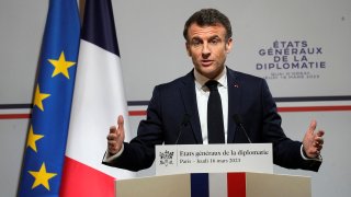French President Emmanuel Macron delivers his speech during the National Roundtable on Diplomacy at the foreign ministry in Paris, Thursday, March 16, 2023.