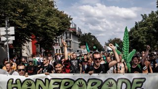 Activists demonstrate for the legalization of marijuana in the annual Hemp Parade (Hanfparade) on August 13, 2022 in Berlin, Germany. It is estimated that four million people in Germany used cannabis in 2021 and a quarter of all 18- to 24-year-olds in the country have used it.