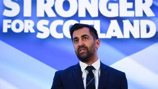 Newly appointed leader of the Scottish National Party (SNP), Humza Yousaf, speaks following the SNP Leadership election result announcement at Murrayfield Stadium in Edinburgh on March 27, 2023.