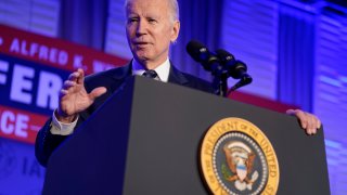 President Joe Biden delivers remarks to the 2023 International Association of Fire Fighters Legislative Conference, Monday, March 6, 2023, in Washington.