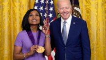 President Joe Biden presents the 2021 National Medal of the Arts to Mindy Kaling at White House in Washington, Tuesday, March 21, 2023.