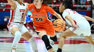 SALT LAKE CITY, UT – MARCH 19: Kaitlyn Chen #20 of the Princeton Tigers drives past Ines Vieira #2 and Teya Sidberry #32 of the Utah Utes in the fourth quarter during the second round of the 2023 NCAA Women’s Basketball Tournament held at the Jon M. Huntsman Center on March 19, 2023 in Salt Lake City, Utah. (Photo by Brett Wilhelm/NCAA Photos via Getty Images)