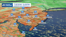 A map shows predicted wind gusts on Tuesday.