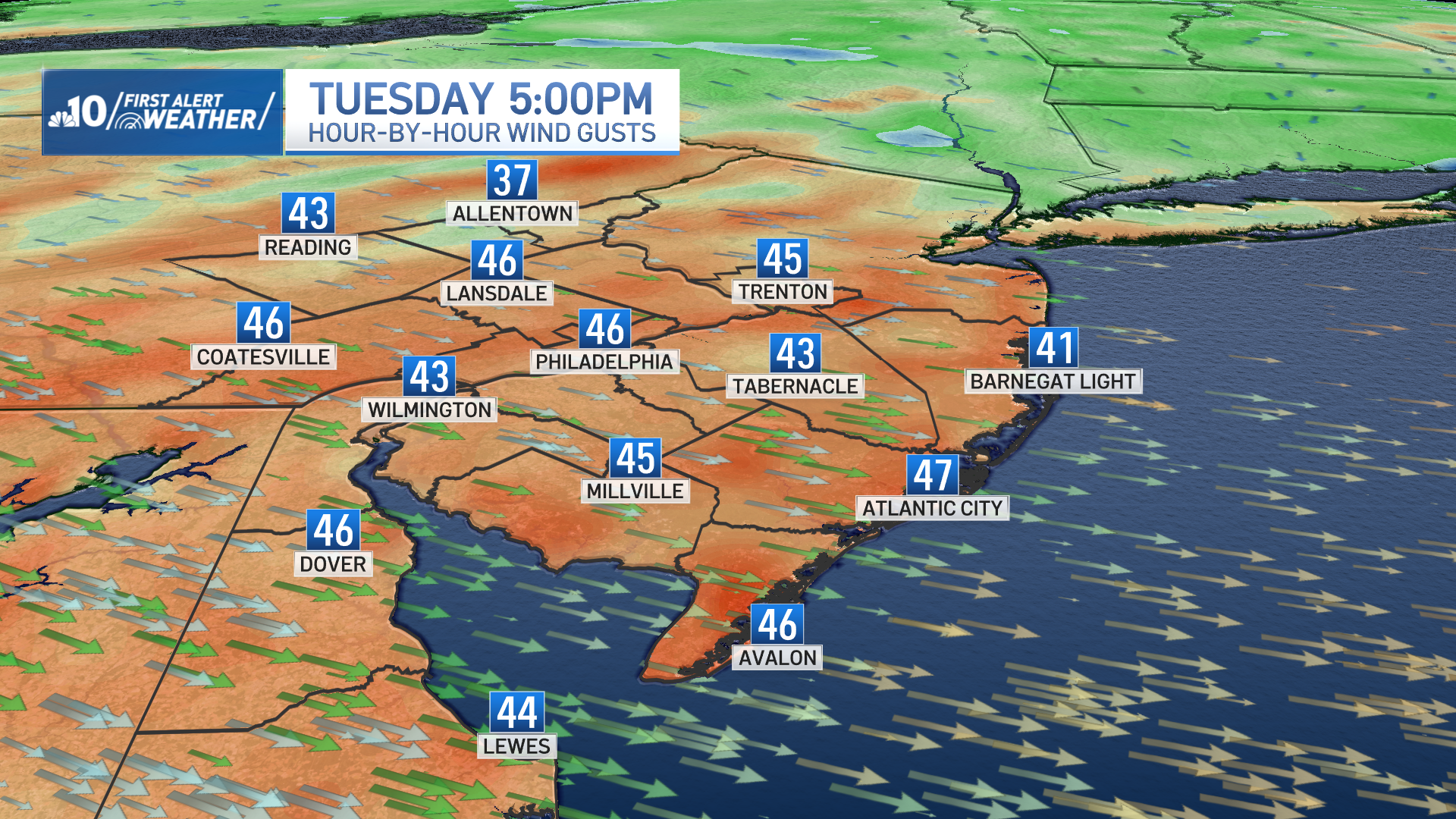 A map shows predicted wind gusts on Tuesday.