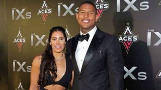 WNBA player Kelsey Plum (L) of the Las Vegas Aces and tight end Darren Waller of the Las Vegas Raiders attend the inaugural IX Awards at Allegiant Stadium on June 17, 2022 in Las Vegas, Nevada.