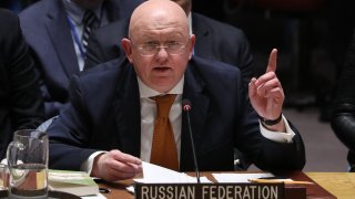 Vasily Nebenzya, Ambassador of the Russian Federation to the United Nations gives a speech during a UN Security Council meeting at United Nations Headquarters in New York, United States on April 5, 2018.