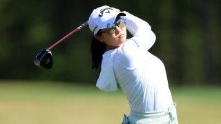 Rose Zhang plays her tee shot on the 18th hole during the second round of the Augusta National Women’s Amateur at Champions Retreat Golf Course on March 30, 2023 in Evans, Georgia.