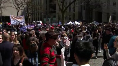 Protestors Gather Outside Manhattan Court House for Former President Trump's Indictment Hearing