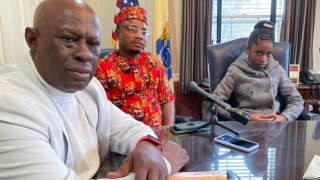 Prince Dwumfour, Peter Ezechukwu and Nicole Teliano take part in an interview at their lawyer's office in Sayreville, N.J., April 5, 2023.