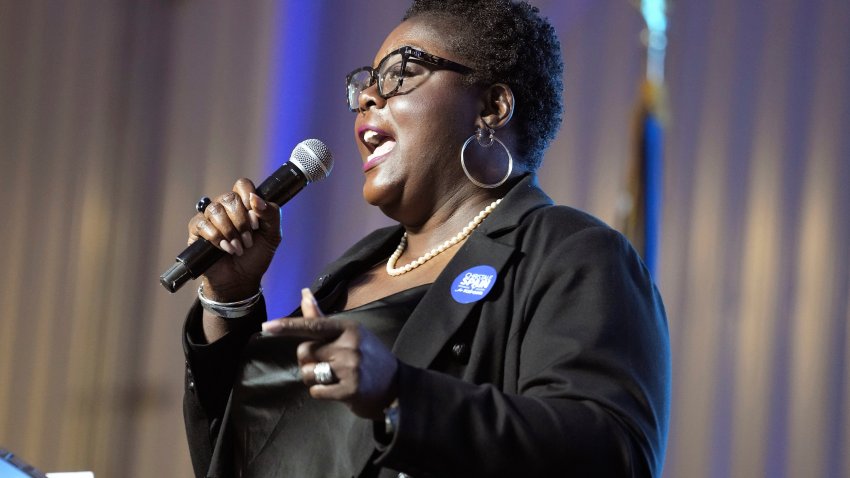 Party operative Christale Spain gives her speech as a candidate for chair of the South Democratic Party during the party’s convention on Saturday, April 29, 2023, in Columbia, S.C. Spain was elected as the first Black woman to lead the state party.