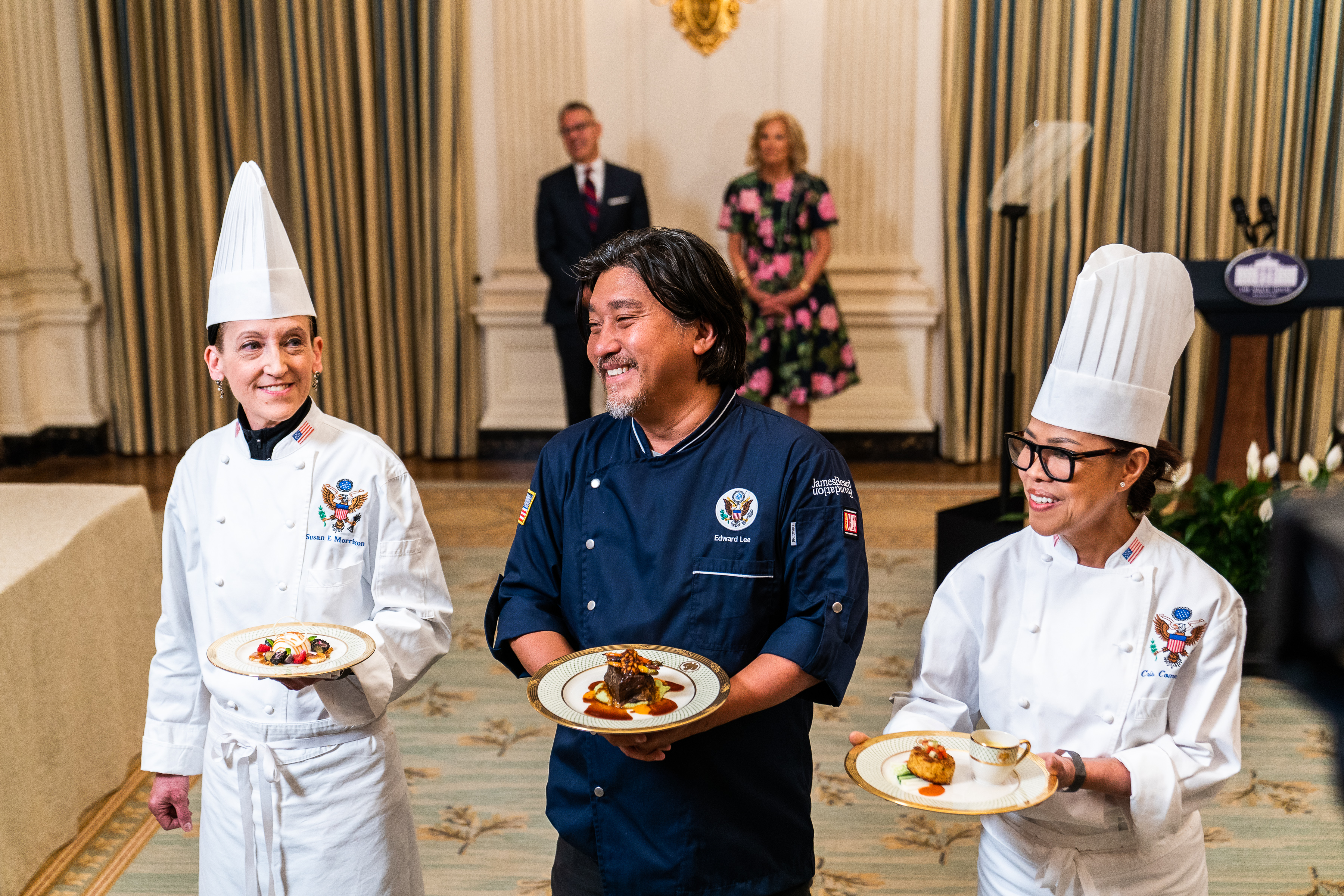 WASHINGTON, DC  April 24, 2023:

Guest Chef Edward Lee (center), White House Executive ChefCrisComerford (right), and White House Executive Pastry Chef Susie Morrison display the dishes to be served during a media preview of Wednesday's State Dinner in the State Dining room of the White House on Monday, April 24, 2023.

(Photo by Demetrius Freeman/The Washington Post via Getty Images)