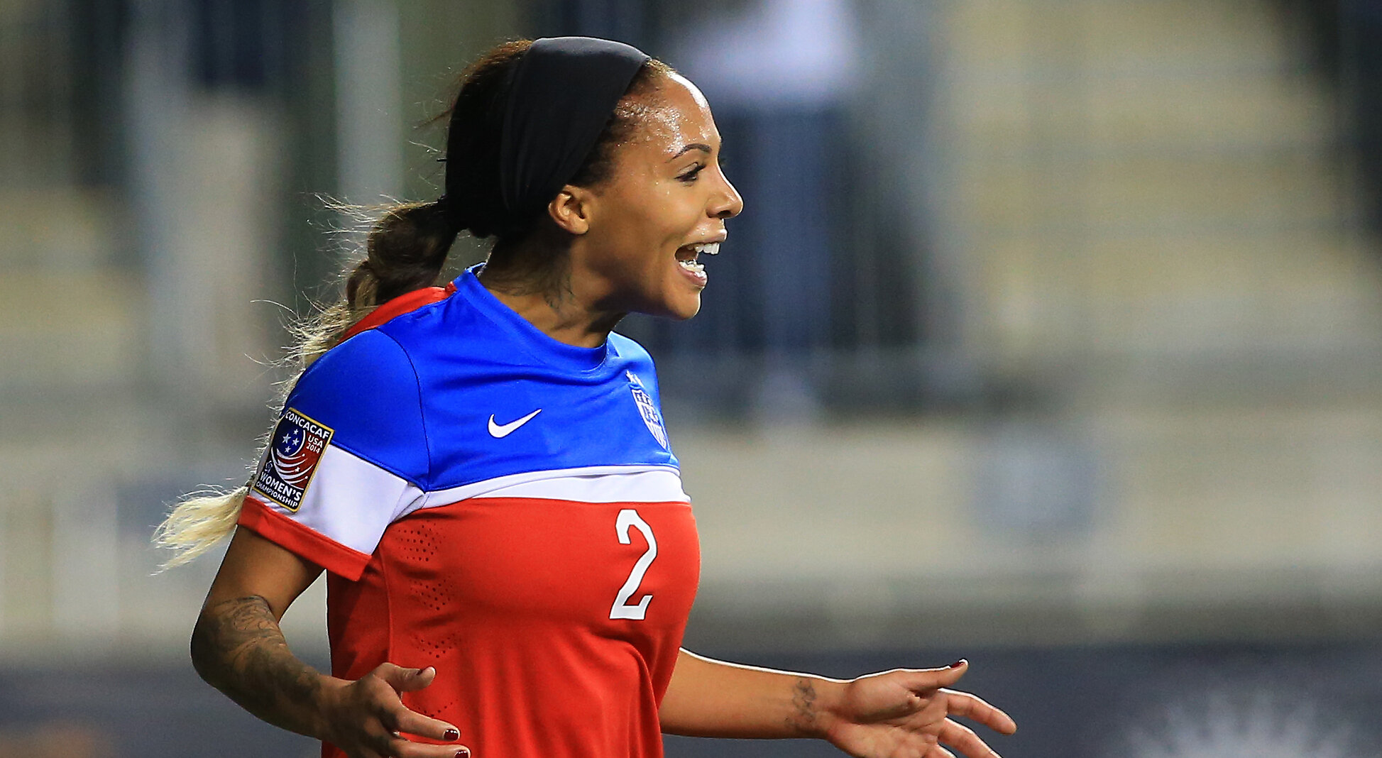 October 26 2014: Sydney Leroux (2)of the USA after scoring against Costa Rica during the championship match of the CONCACAF Women's World Cup qualifying tournament at PPL Park, in Chester PA. USA won the championship 6-0. (Photo by Tony Quinn/Icon Sportswire/Corbis/Icon Sportswire via Getty Images)