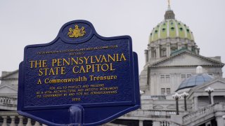 An historical marker at the Pennsylvania Capitol in Harrisburg, Pa., is seen on Feb. 21, 2023.