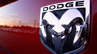 The Dodge logo is seen on a new Dodge RAM 3500 Heavy Duty pickup truck