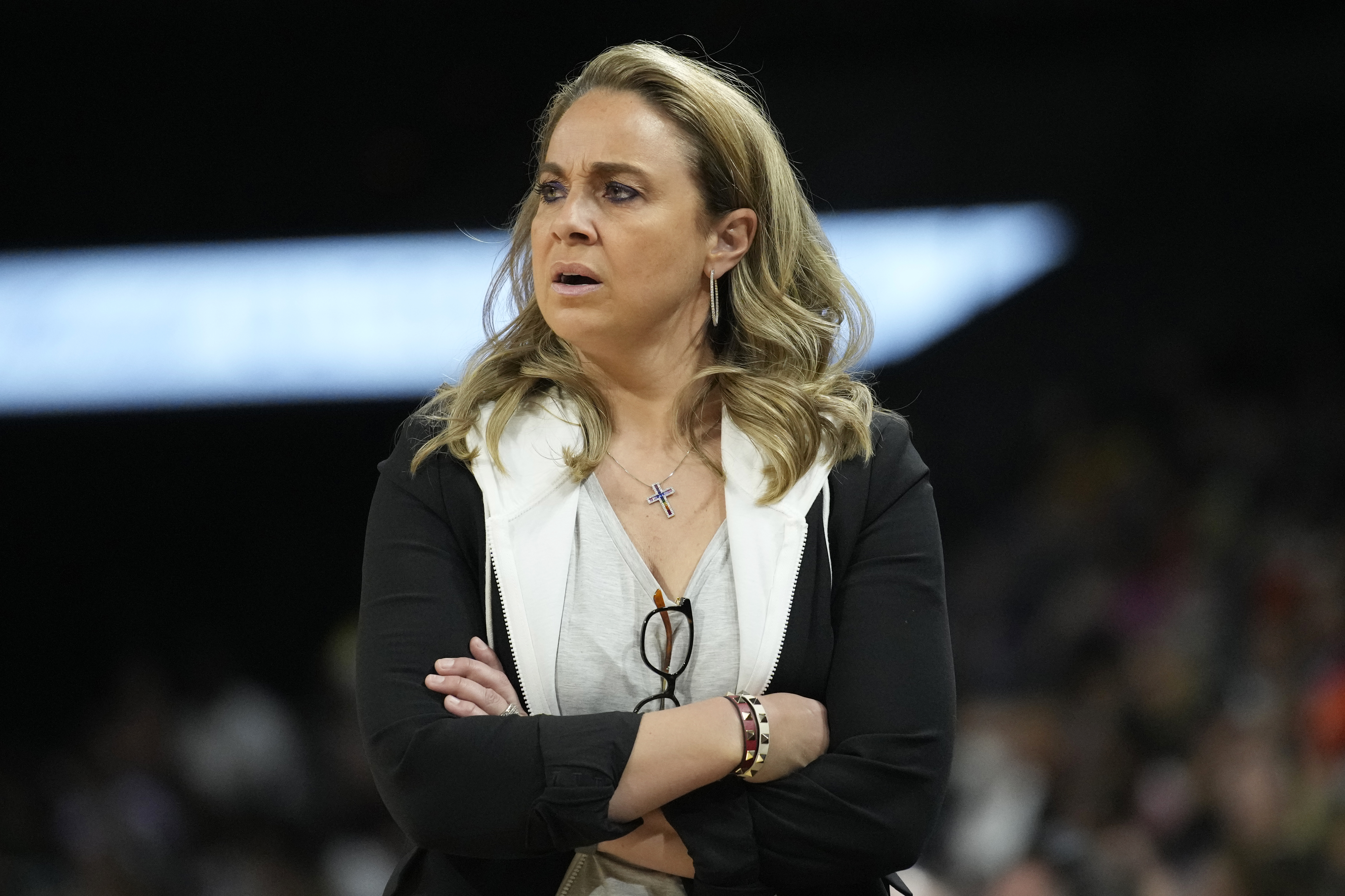 Las Vegas Aces head coach Becky Hammon looks on during a WNBA game against the Dallas Wings Sunday, June 5, 2022, in Las Vegas. The WNBA suspended Las Vegas Aces coach Becky Hammon for two games without pay Tuesday, May 16, 2023, for violating league and team respect in the workplace policies. The violation was related to comments made by Hammon to Dearica Hamby in connection with the player’s recent pregnancy.