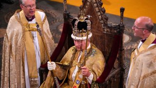 King Charles III with the St Edward's Crown on his head at the Coronation Ceremony inside Westminster Abbey in central London on May 6, 2023.